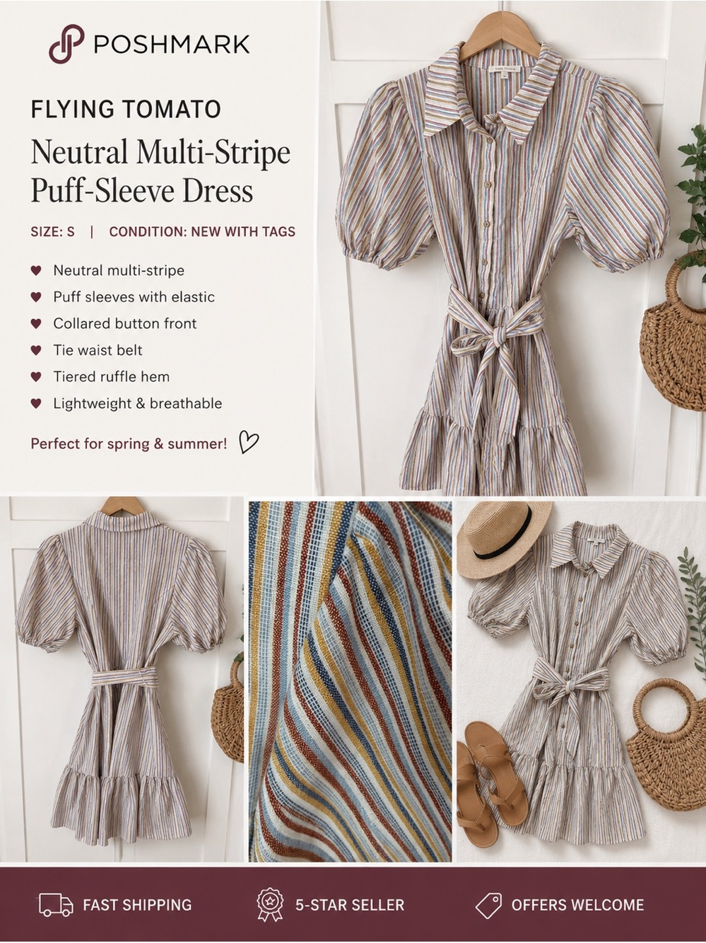 Flying Tomato Neutral Multi-Stripe Puff-Sleeve Mini Dress
